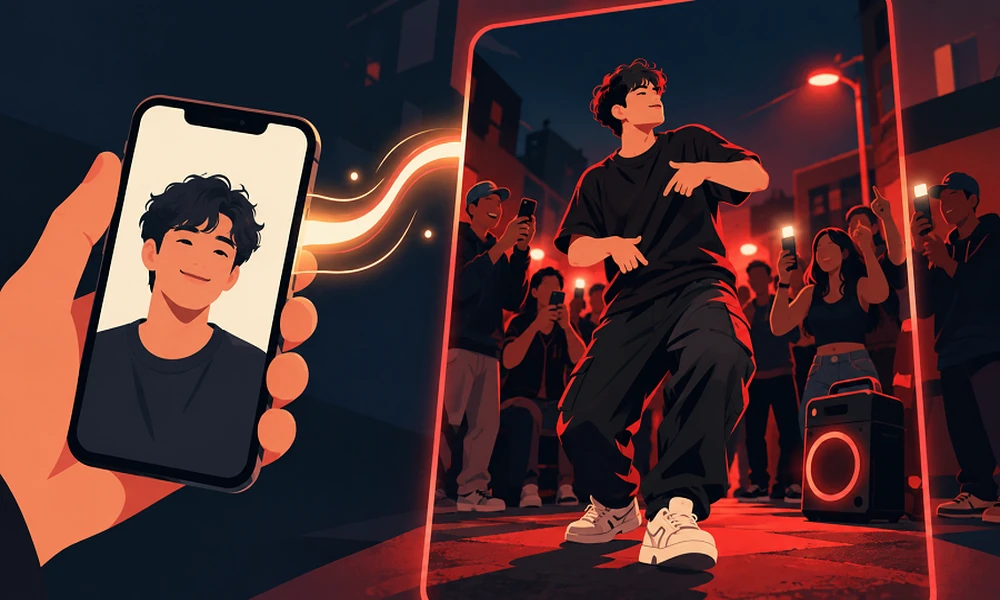Bulin 47 and “Dame Hombro”: How a Street Freestyle Became an AI Video Trend Illustration of a smartphone turning a single portrait photo into a vertical video of a night street freestyle under red lights, with a crowd filming on their phones.